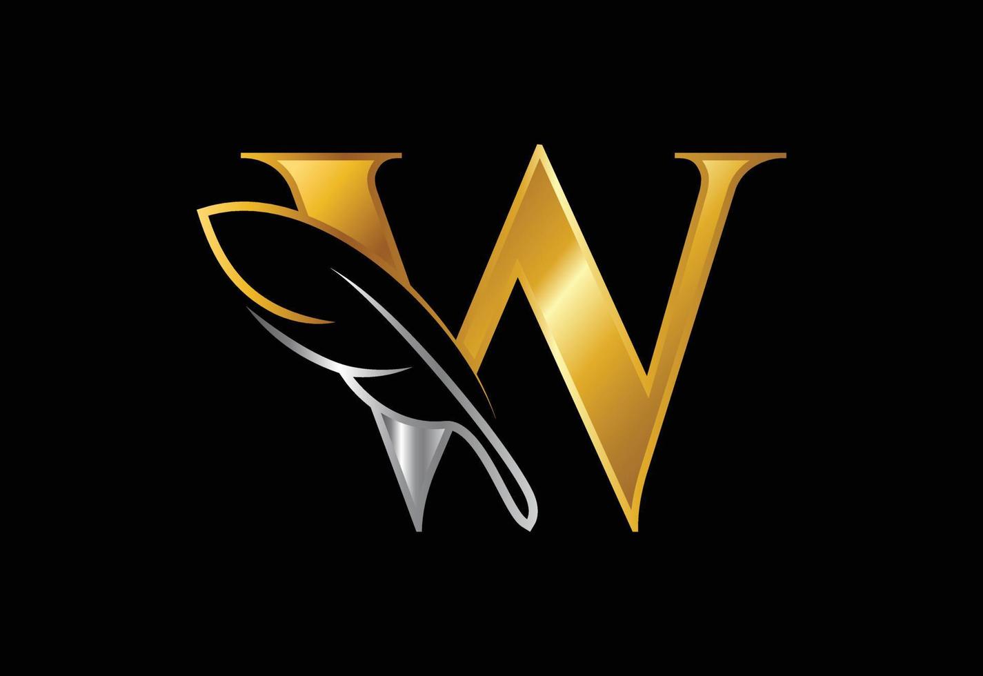 alfabeto w inicial con una pluma. símbolo de signo de icono de bufete de abogados. logotipo para un escritor o editores vector