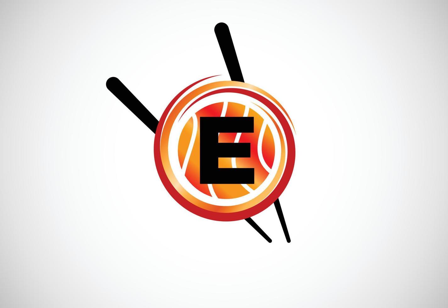 Initial E monogram alphabet in the circle with Chopstick. Asian sushi bar emblem. Logo for sushi vector