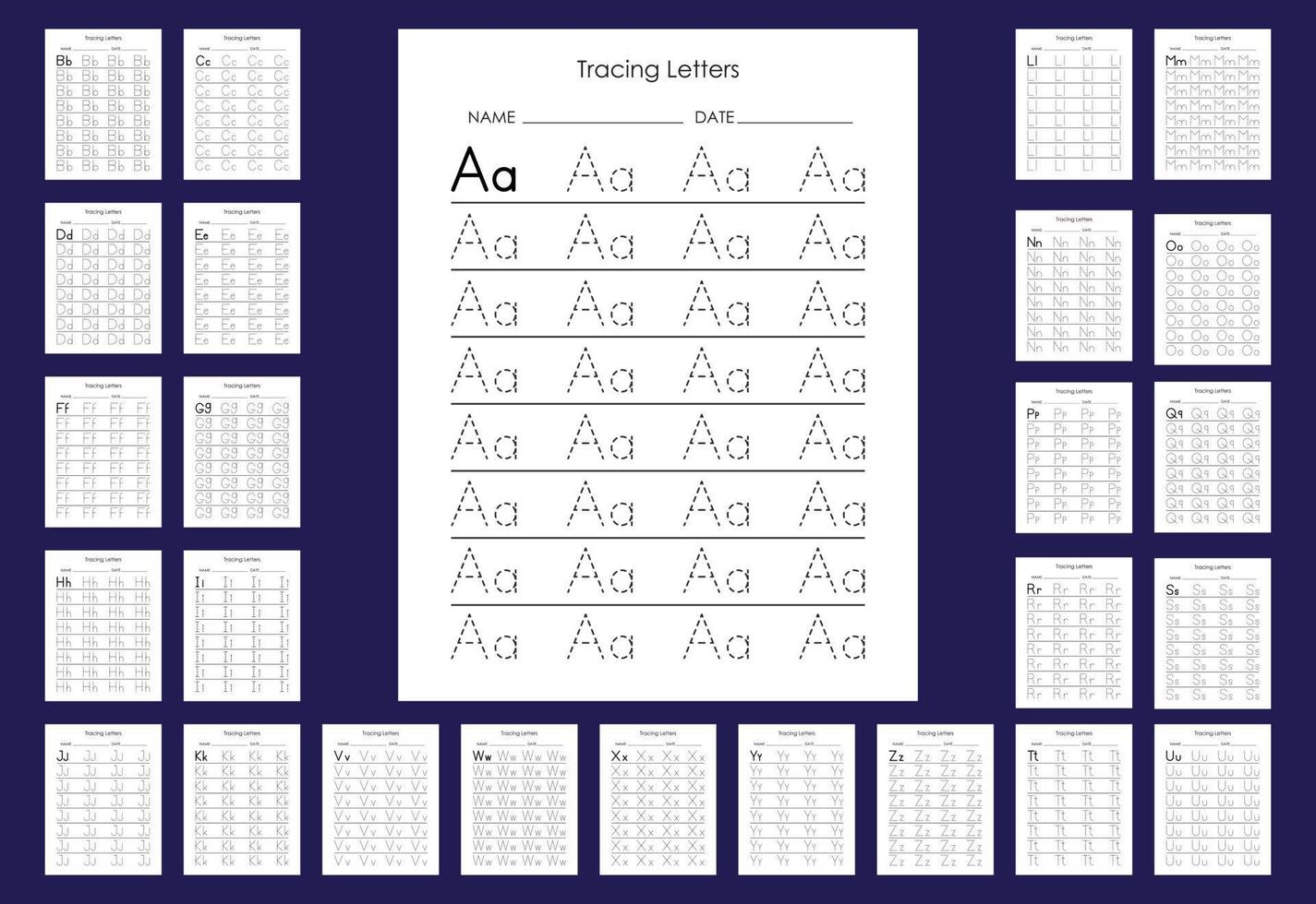 Alphabet tracing practice Letter A to Z. Uppercase lowercase trace practice activity page. vector