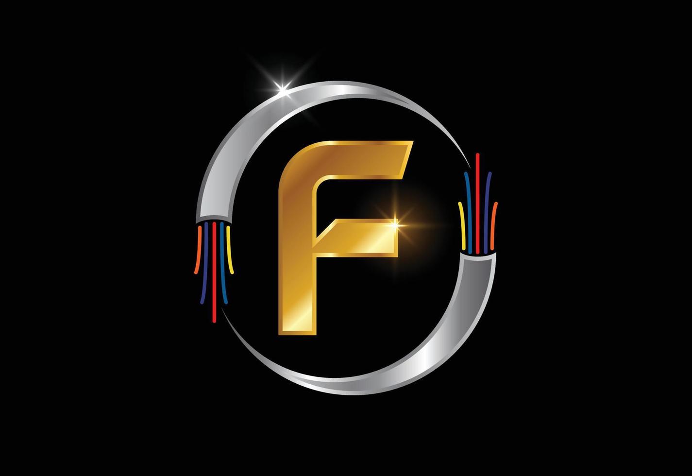 Initial F monogram letter alphabet with electric wire, optical fiber cable. Font emblem. vector