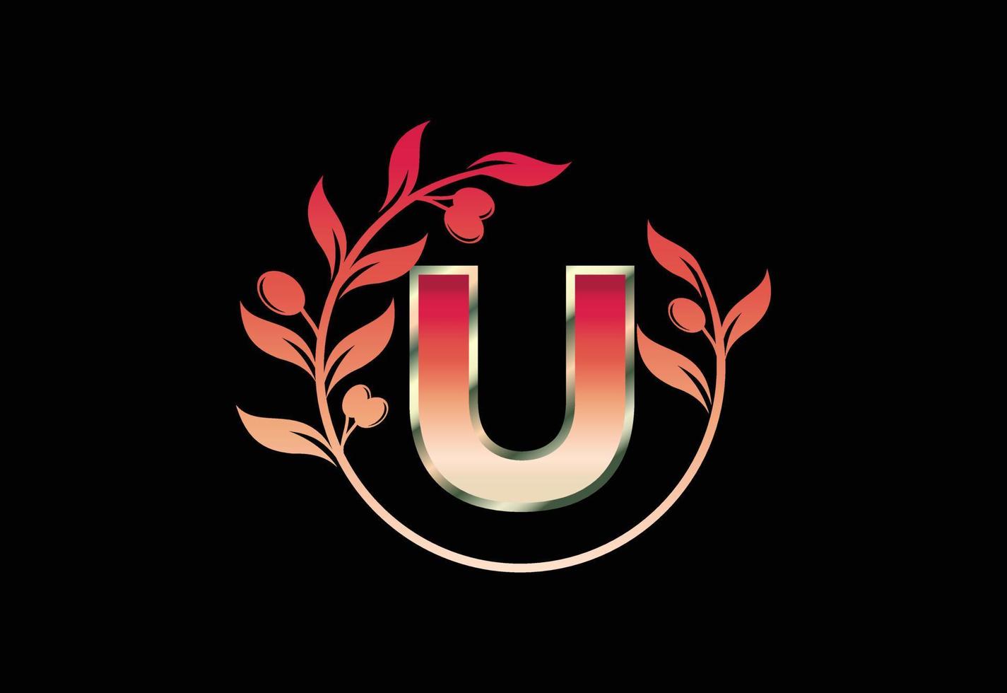 Initial letter U sign symbol with olive branch wreath, Round floral frame made by the olive branch vector