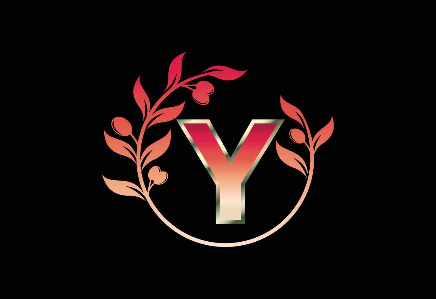 Initial letter Y sign symbol with olive branch wreath, Round floral frame made by the olive branch vector