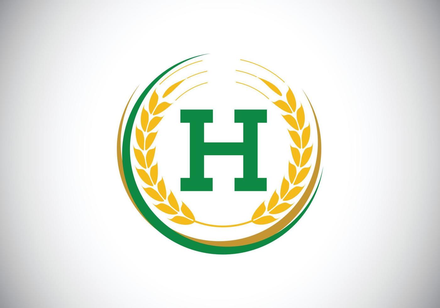 Initial letter H sign symbol with wheat ears wreath. Organic wheat farming logo design concept. Agriculture logo design vector template.