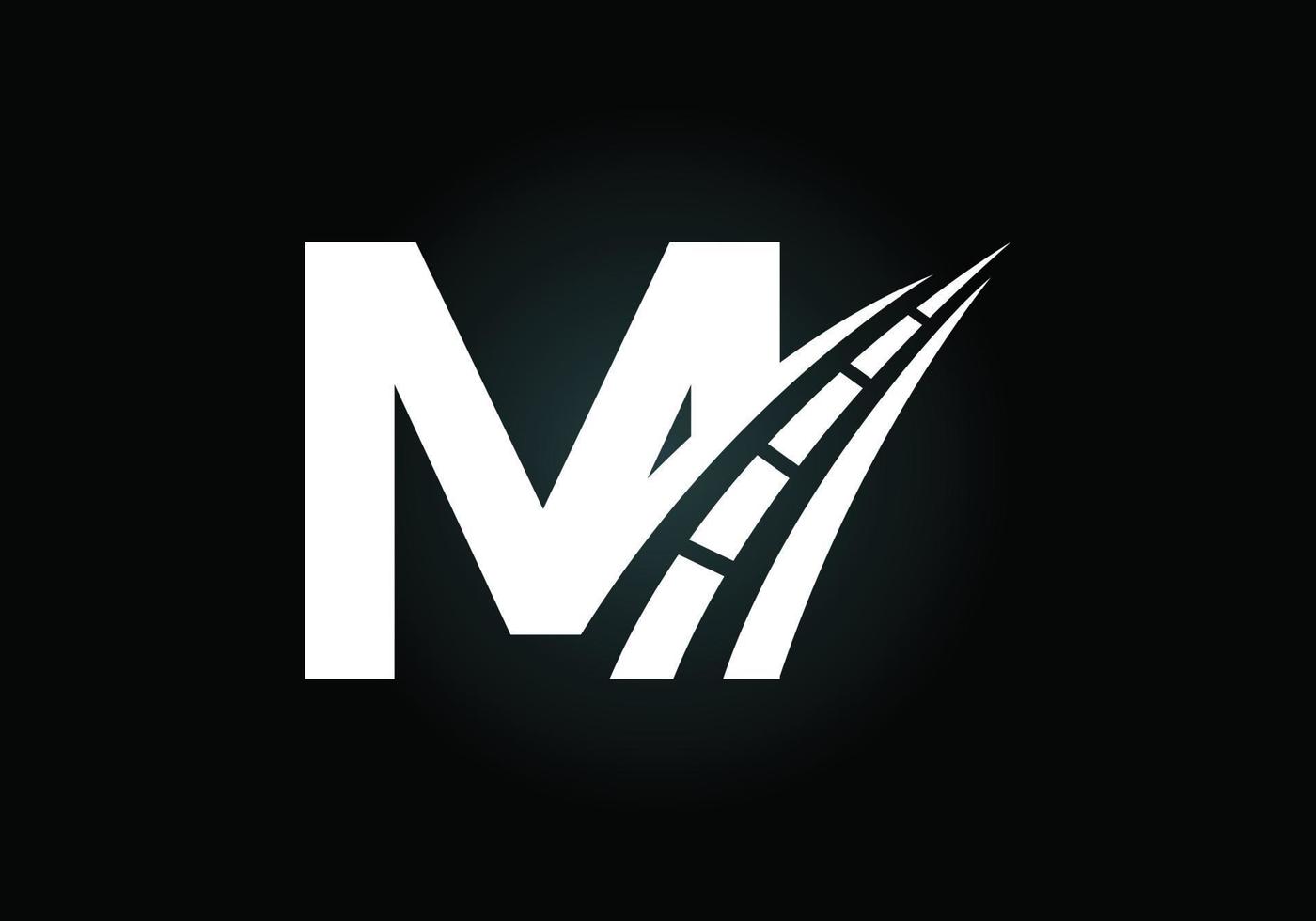 letra m con el logo de la carretera cantando. el concepto de diseño creativo para el mantenimiento y la construcción de carreteras. tema de transporte y tráfico. vector