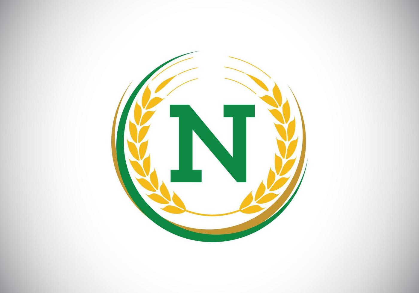 Initial letter N sign symbol with wheat ears wreath. Organic wheat farming logo design concept. Agriculture logo design vector template.
