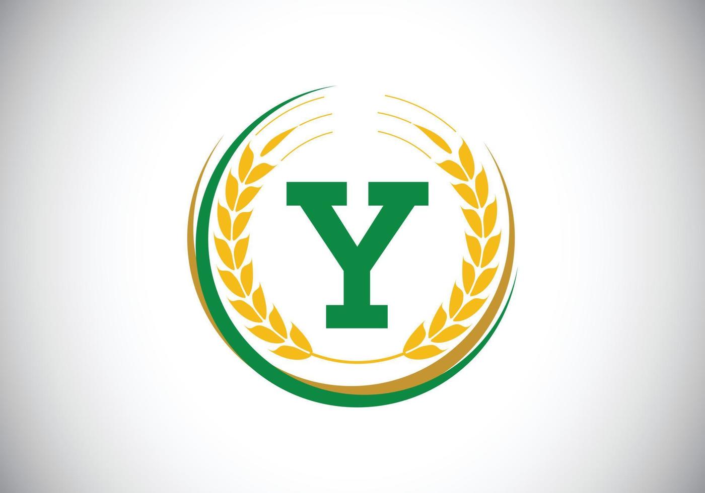 Initial letter Y sign symbol with wheat ears wreath. Organic wheat farming logo design concept. Agriculture logo design vector template.