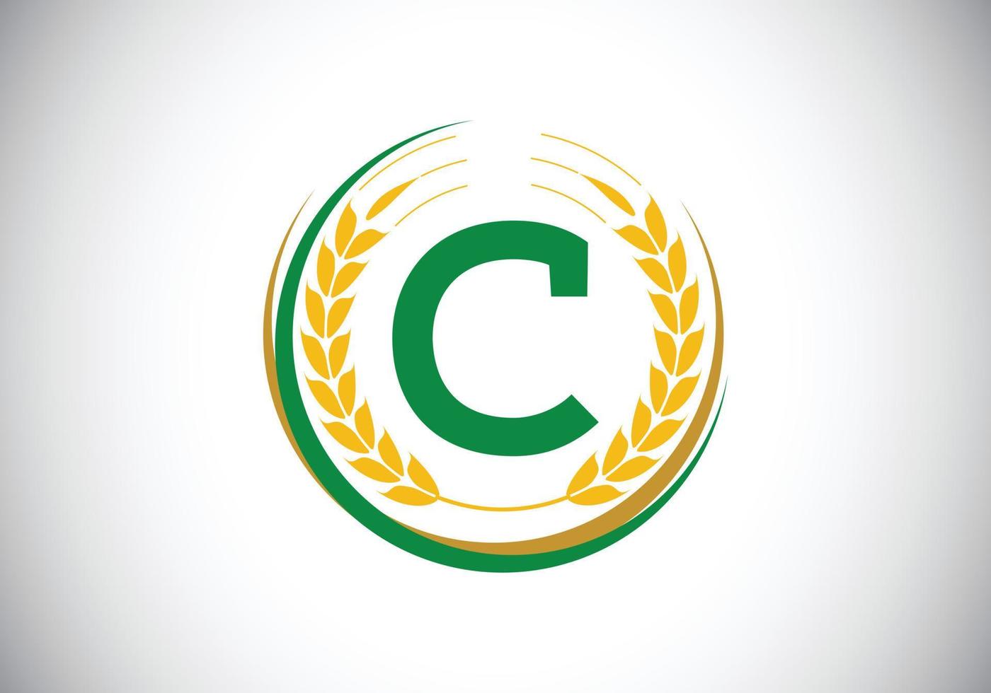 Initial letter C sign symbol with wheat ears wreath. Organic wheat farming logo design concept. Agriculture logo design vector template.