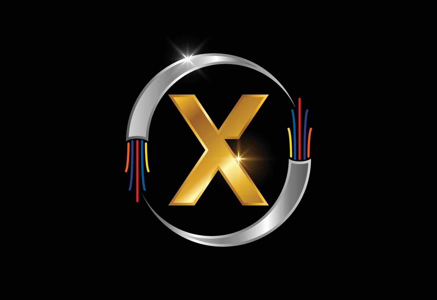 Initial X monogram letter alphabet with electric wire, optical fiber cable. Font emblem. vector