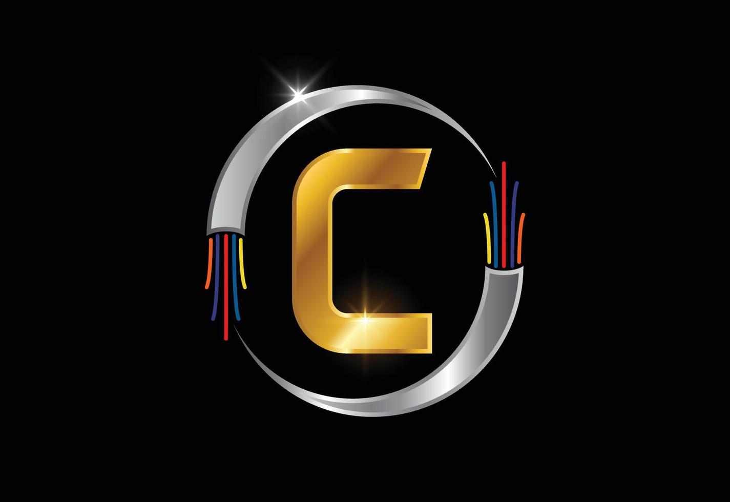 Initial C monogram letter alphabet with electric wire, optical fiber cable. Font emblem. vector