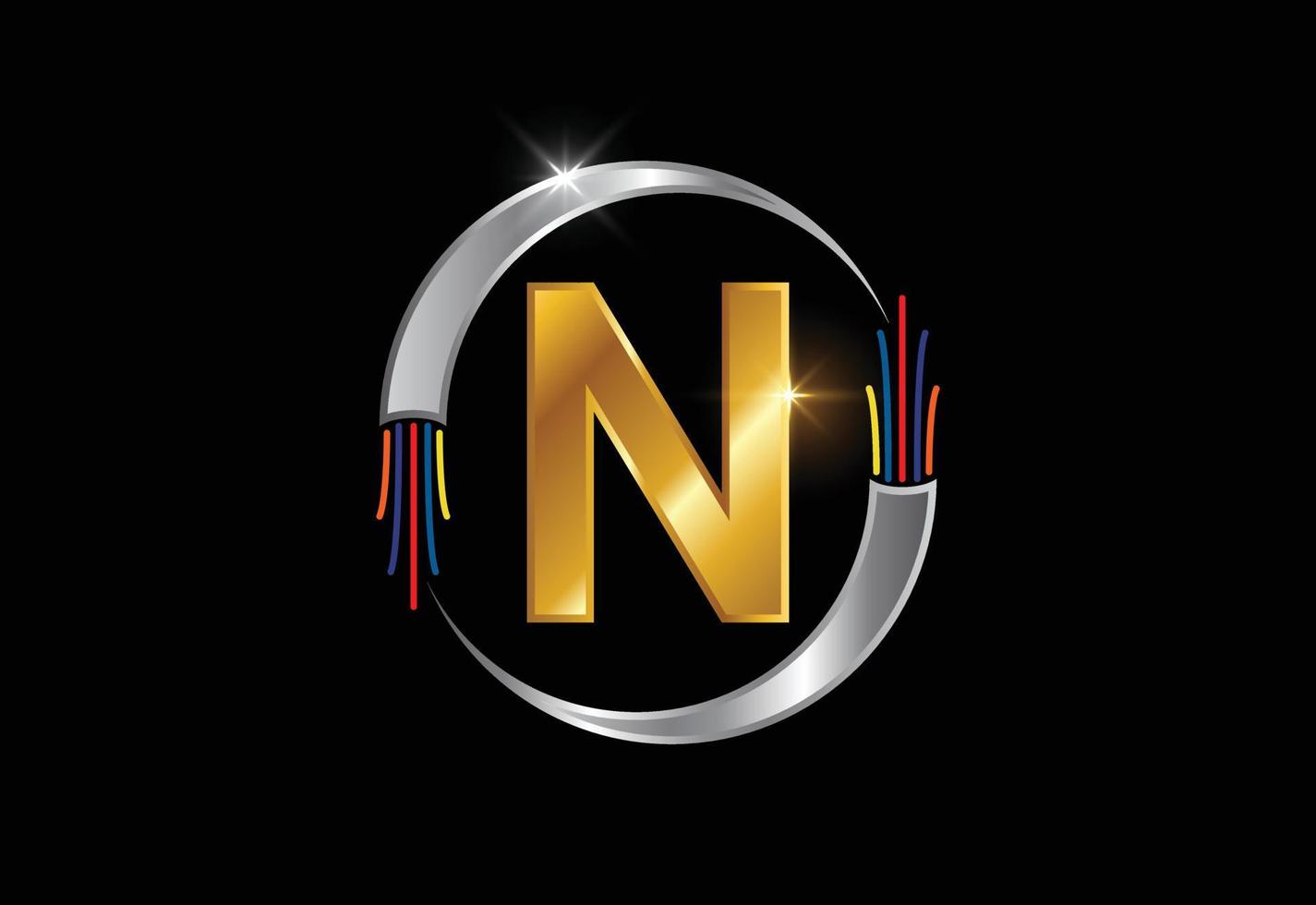 Initial N monogram letter alphabet with electric wire, optical fiber cable. Font emblem. vector