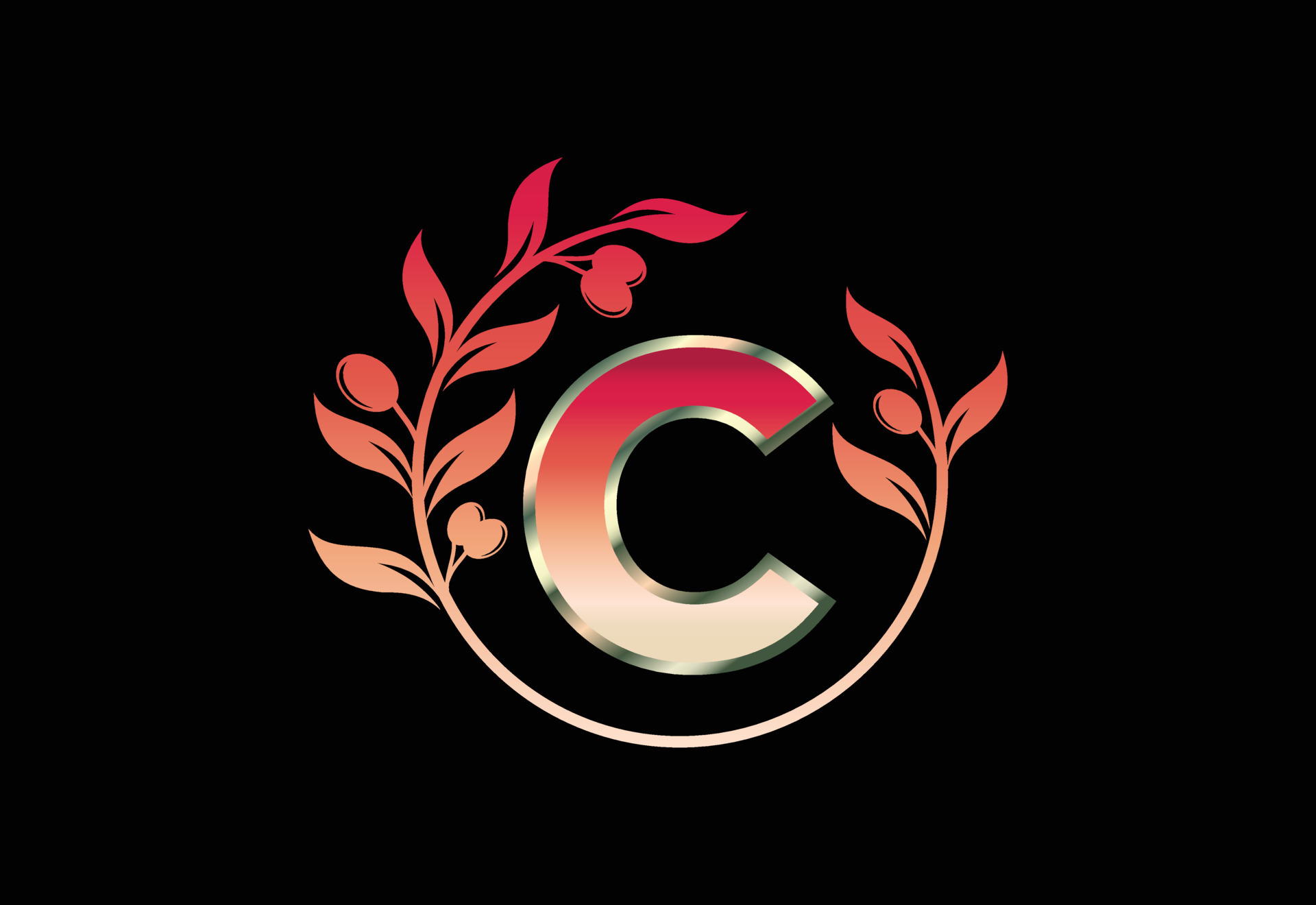 Initial letter C sign symbol with olive branch wreath, Round floral frame made by the olive
