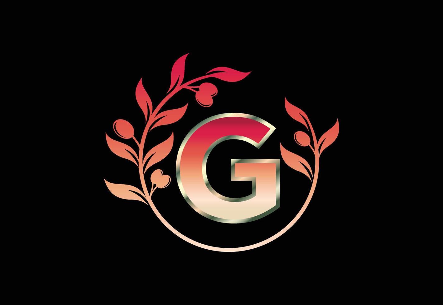Initial letter G sign symbol with olive branch wreath, Round floral frame made by the olive branch vector