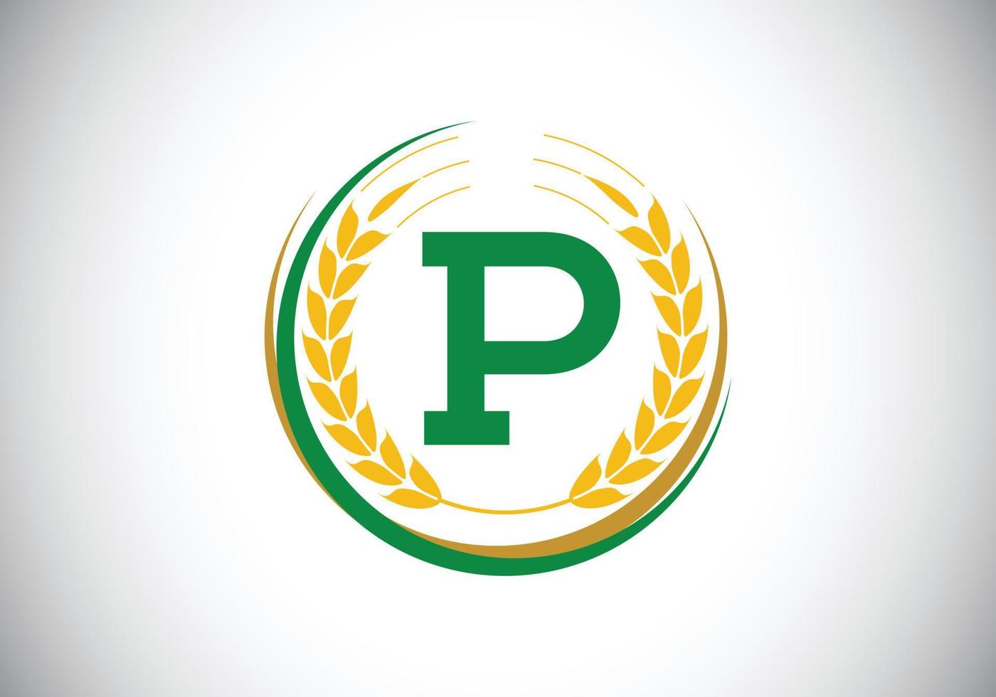 símbolo inicial de la letra p con corona de espigas de trigo. concepto de diseño de logotipo de cultivo de trigo orgánico. plantilla de vector de diseño de logotipo de agricultura.