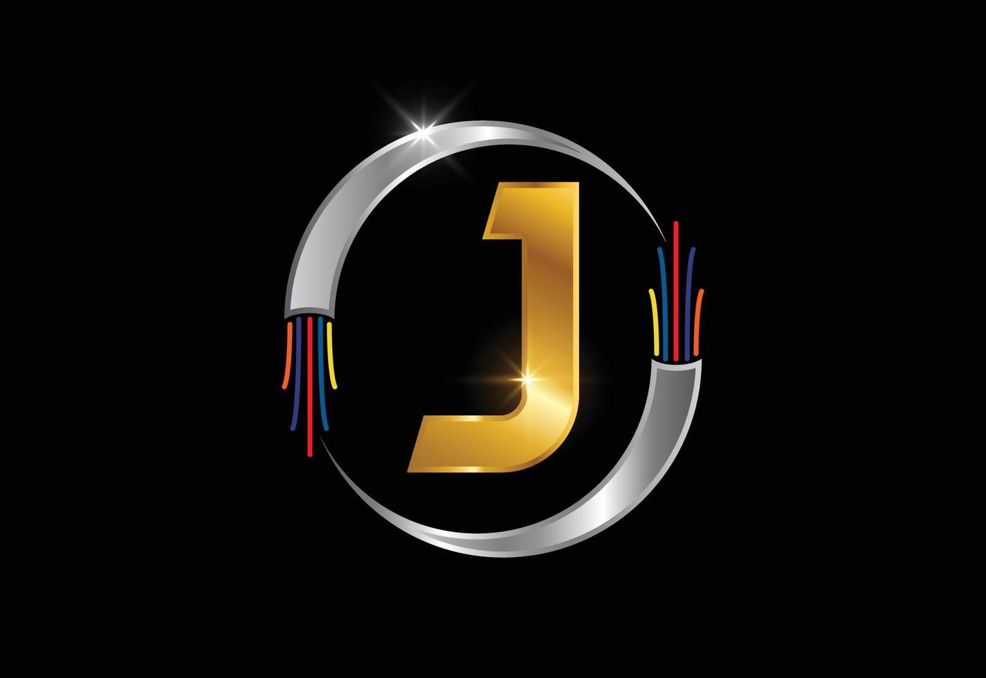 Initial J monogram letter alphabet with electric wire, optical fiber cable. Font emblem. vector