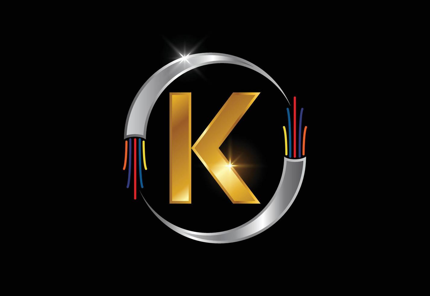 Initial K monogram letter alphabet with electric wire, optical fiber cable. Font emblem. vector