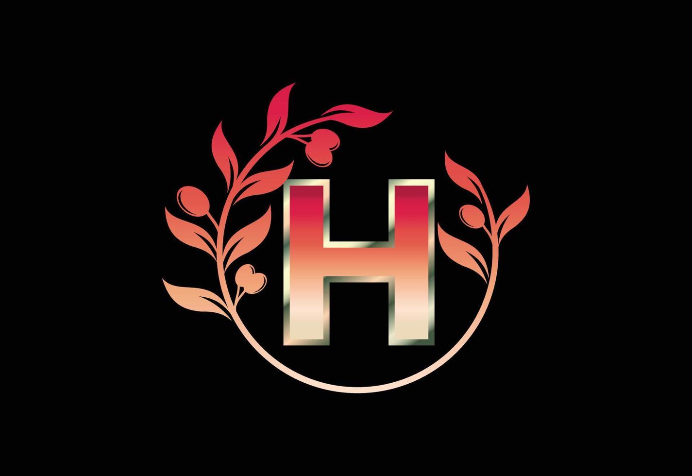 Initial letter H sign symbol with olive branch wreath, Round floral frame made by the olive branch vector