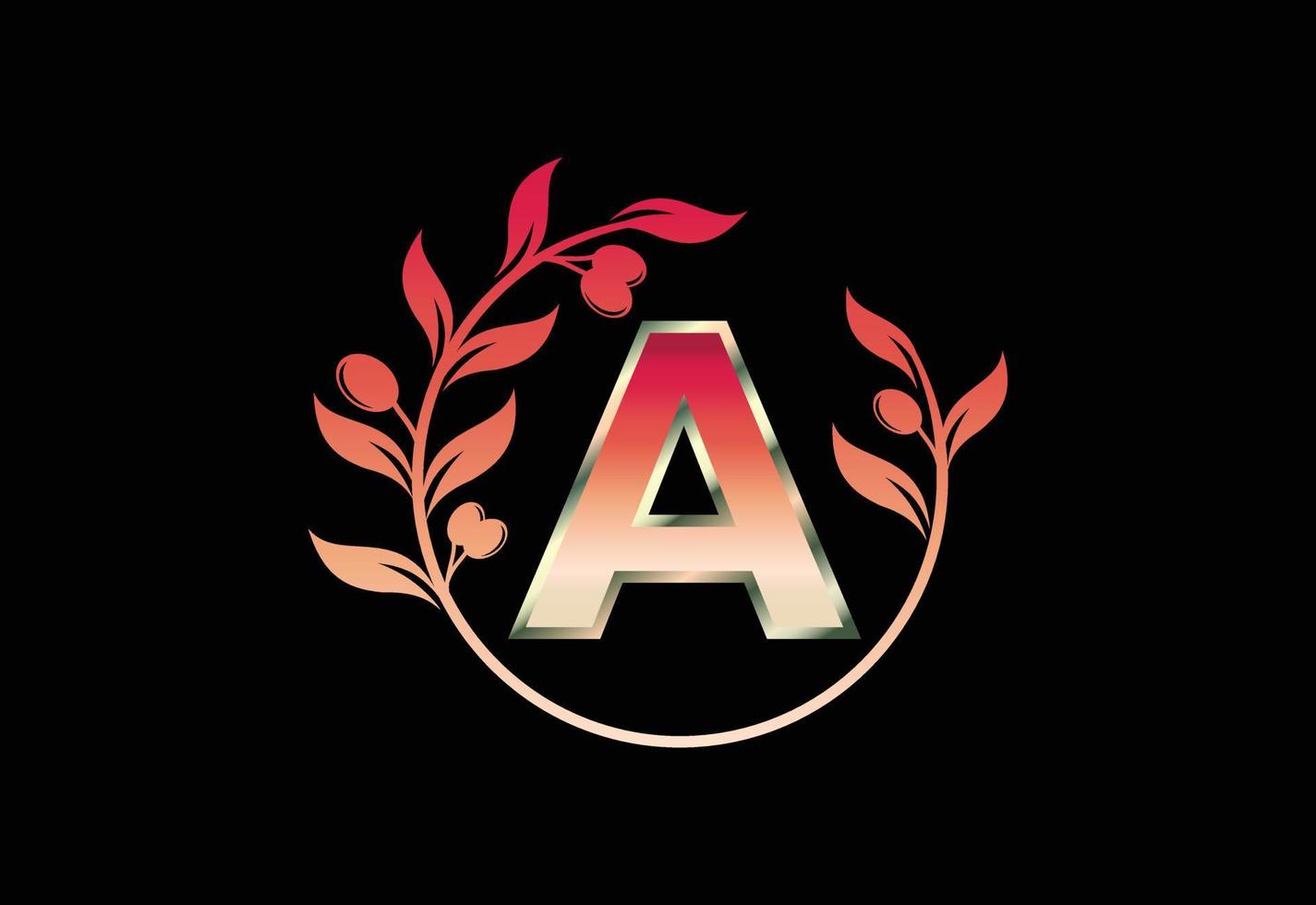 Initial letter A sign symbol with olive branch wreath, Round floral frame made by the olive branch vector