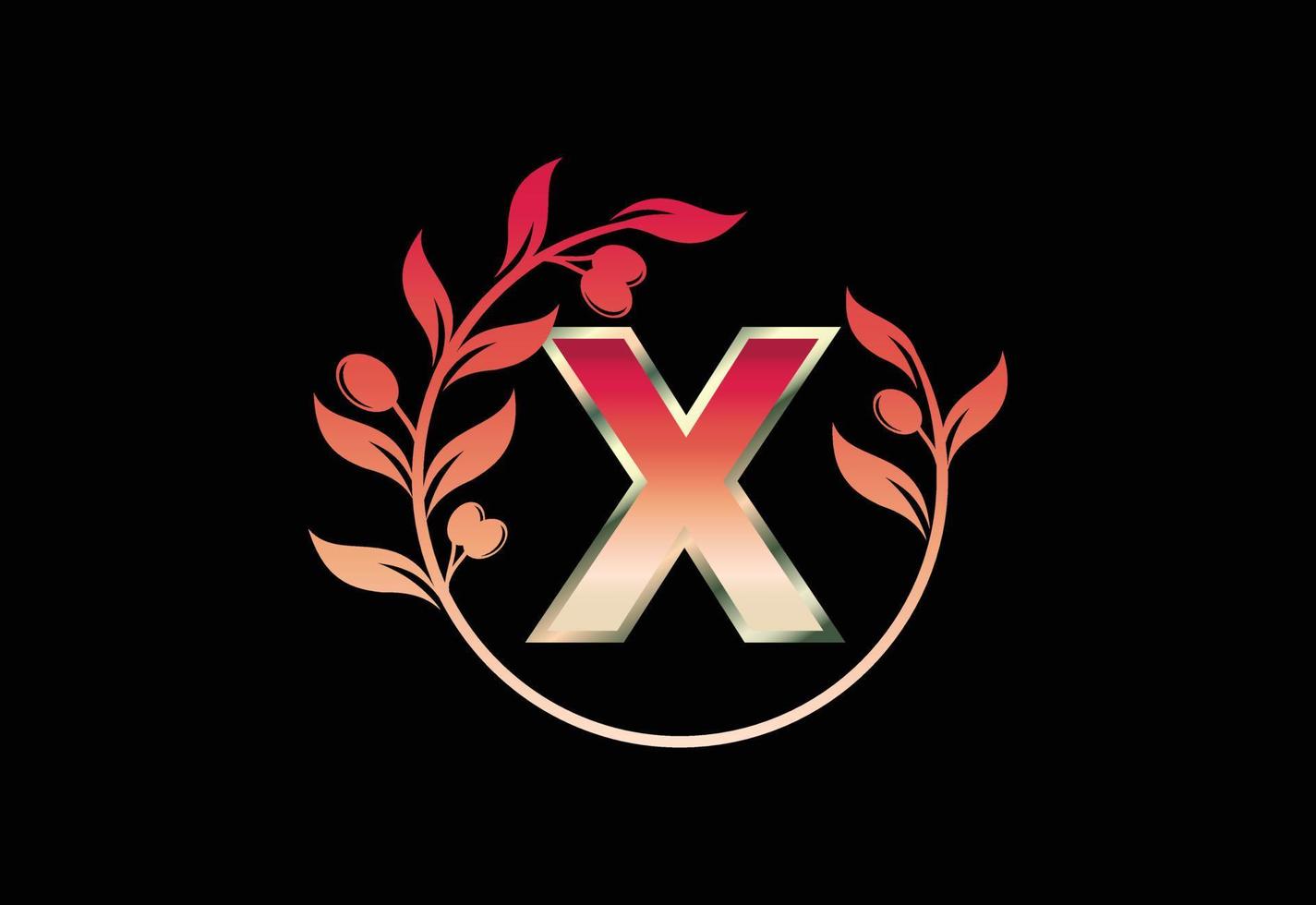 símbolo inicial de la letra x con corona de rama de olivo, marco floral redondo hecho por la rama de olivo vector