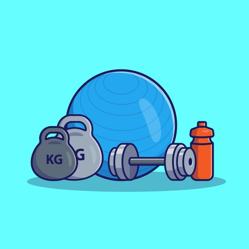 barra, mancuerna, botella y bola de fitness ilustración de icono de vector de dibujos animados. deporte icono saludable concepto aislado vector premium. estilo de dibujos animados plana