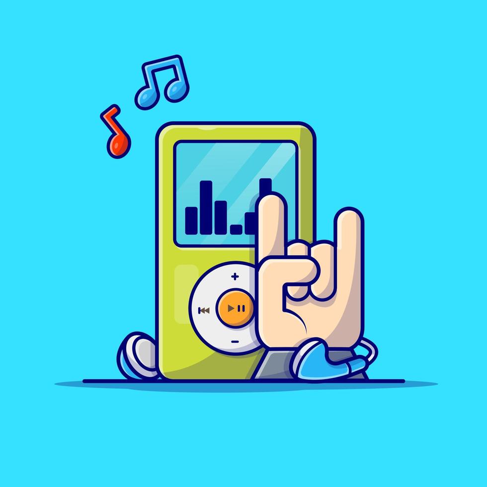 reproductor de música de audio digital ipod con ilustración de icono de vector de dibujos animados de mano rock y música. tecnología arte icono concepto aislado premium vector. estilo de dibujos animados plana