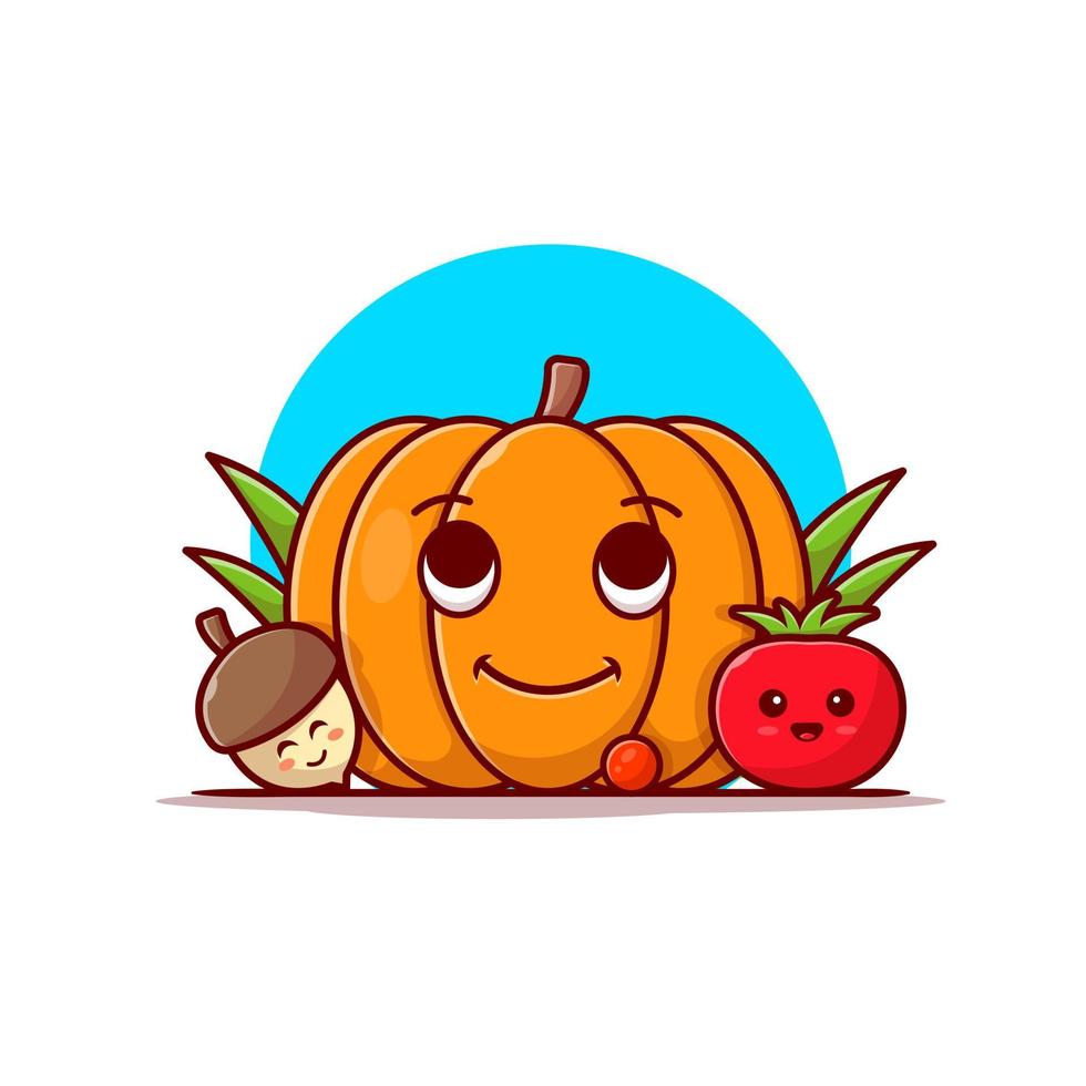 calabaza linda feliz con ilustración de icono de vector de dibujos animados de bellota y tomate lindo. concepto de icono de objeto de naturaleza vector premium aislado. estilo de dibujos animados plana