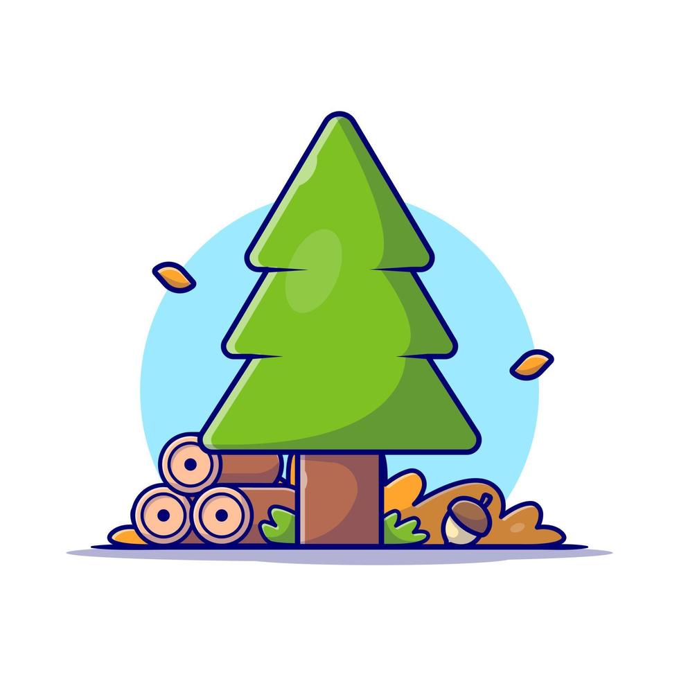 Pinus Tree with Woods and Acorn Autumn Season Cartoon  Vector Icon Illustration. Nature Object Icon Concept Isolated  Premium Vector. Flat Cartoon Style
