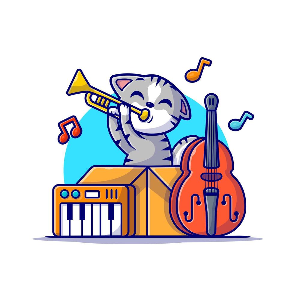 lindo gato tocando música de jazz en caja con saxofón, piano y contrabajo ilustración de icono de vector de dibujos animados. concepto de icono de música animal vector premium aislado. estilo de dibujos animados plana