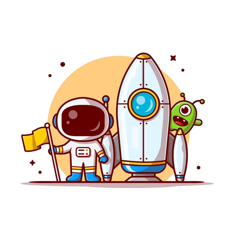 lindo astronauta de pie sosteniendo la bandera con cohete y lindo espacio alienígena caricatura vector icono ilustración. ciencia tecnología icono concepto aislado vector premium. estilo de dibujos animados plana