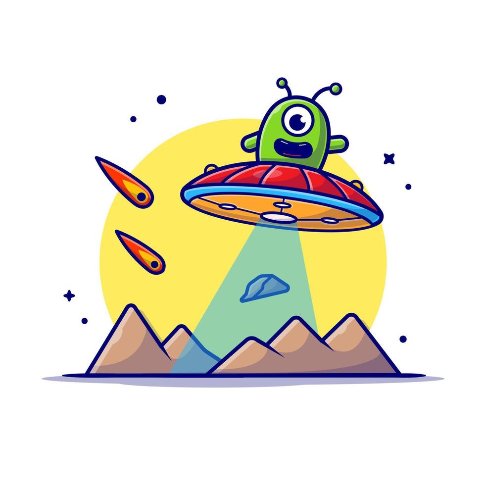 Cute Alien Flying on Planet with UFO and Meteorite Space  Cartoon Vector Icon Illustration. Science Technology Icon  Concept Isolated Premium Vector. Flat Cartoon Style