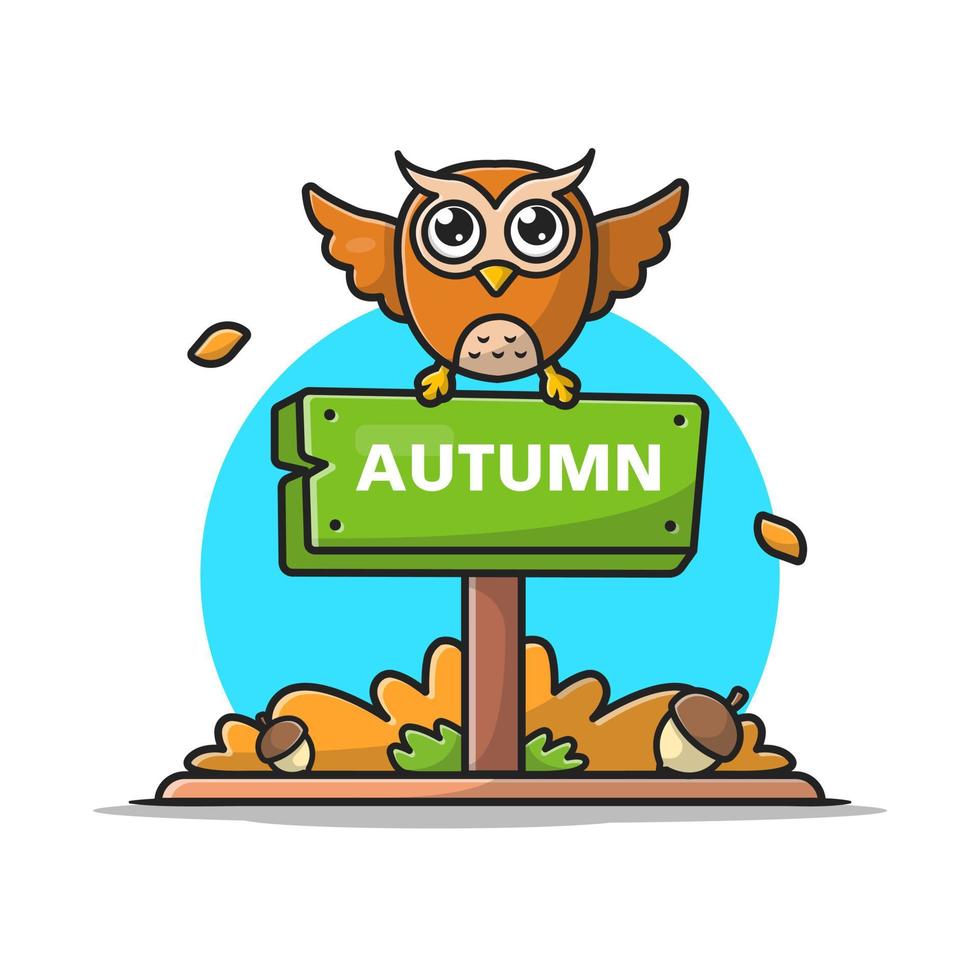 signo de otoño con búho lindo y ilustración de icono de vector de dibujos animados de bellota. concepto de icono de naturaleza animal vector premium aislado. estilo de dibujos animados plana