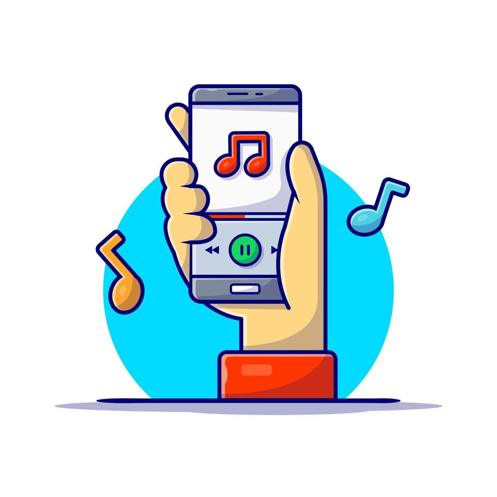 Online Music Player with Hand, Tune and Note of Music  Cartoon Vector Icon Illustration. Music Technology Icon  Concept Isolated Premium Vector. Flat Cartoon Style