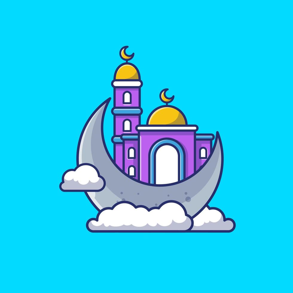 Mosque With Moon Cartoon Vector Icon Illustration. Building Religion Icon Concept Isolated Premium Vector. Flat Cartoon Style