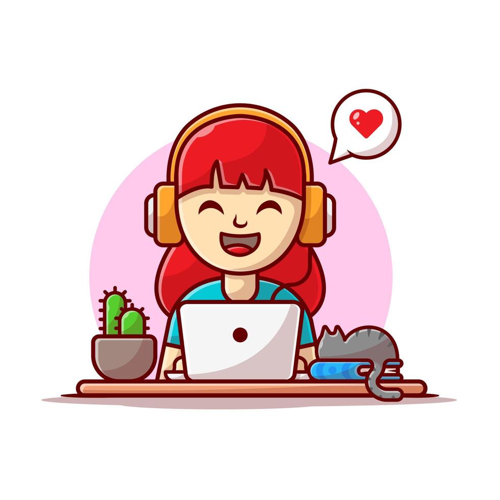 niña feliz escuchando música con auriculares, computadora portátil, gato en  el libro y la ilustración del