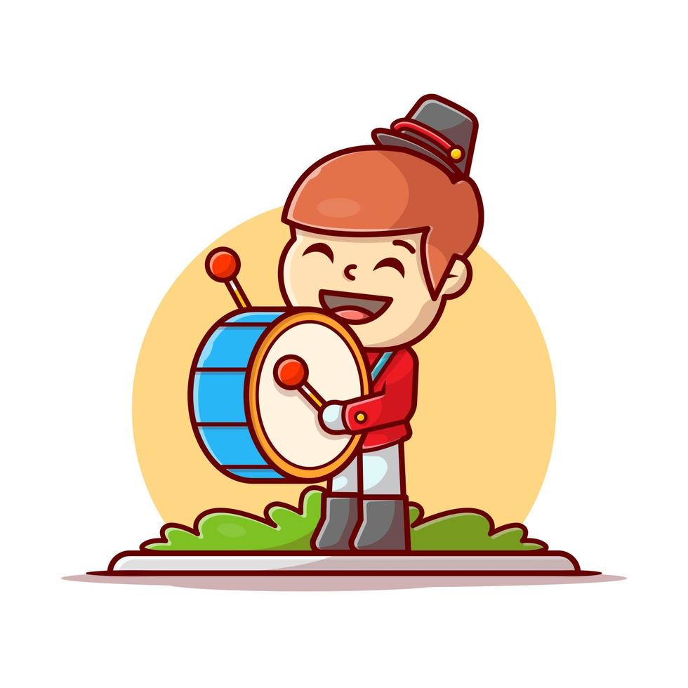 Cute Marching Band Drummer Music Cartoon Vector Icon  Illustration. People Art Icon Concept Isolated Premium Vector.  Flat Cartoon Style