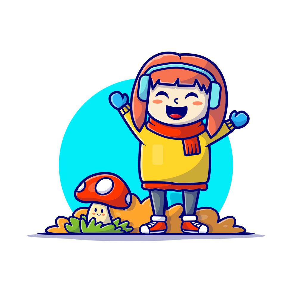 Happy Cute Girl with Cute Mushroom Autumn Cartoon Vector  Icon Illustration. Nature People Icon Concept Isolated  Premium Vector. Flat Cartoon Style