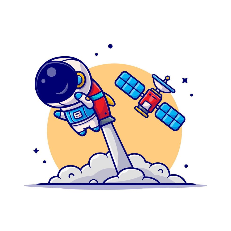 lindo astronauta volando con cohetes y satélites dibujos animados vector icono ilustración. ciencia tecnología icono concepto aislado vector premium. estilo de dibujos animados plana