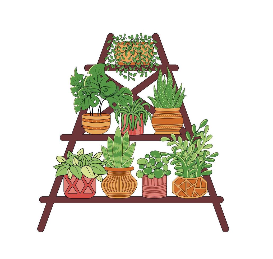 Wooden folding ladder used as shelves for potted houseplants vector