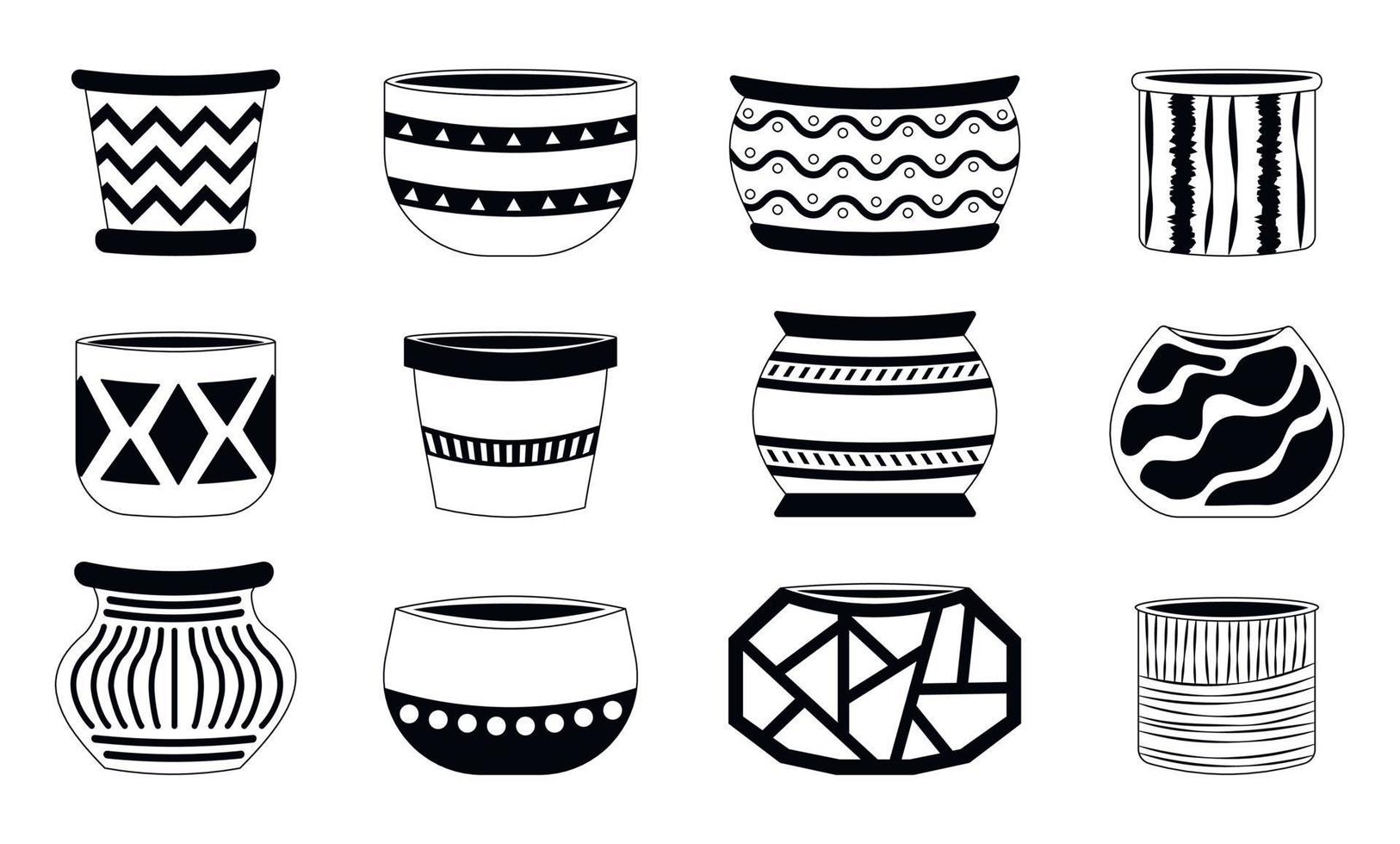 Collection of empty black and white vector ceramic pots for home plants