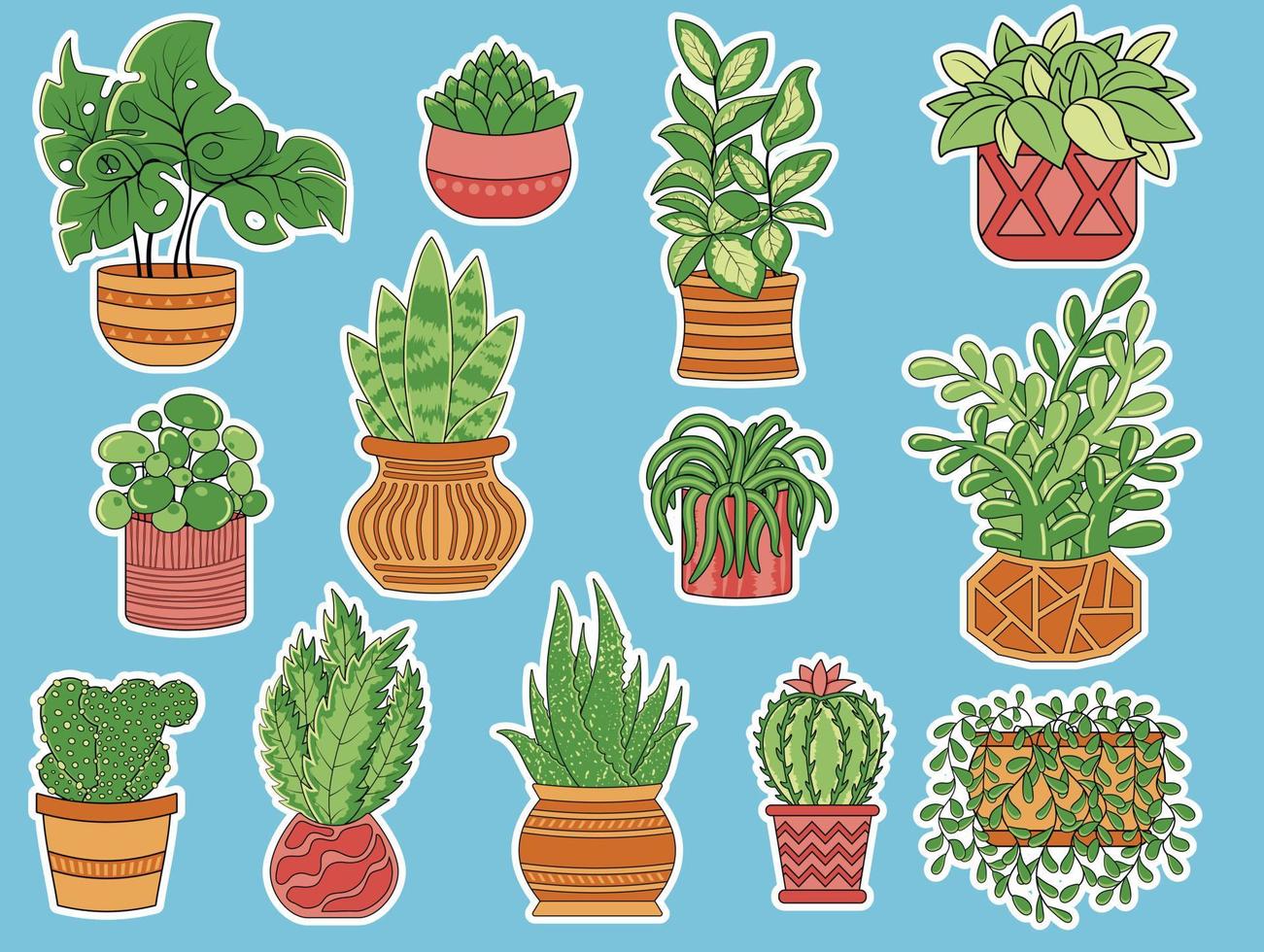 Collection of vector stickers of cute house plants in pots in flat doodle style