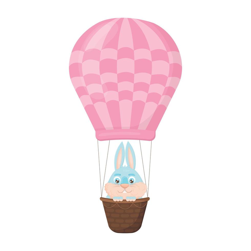 Cute blue hare enjoys a hot air balloon ride vector