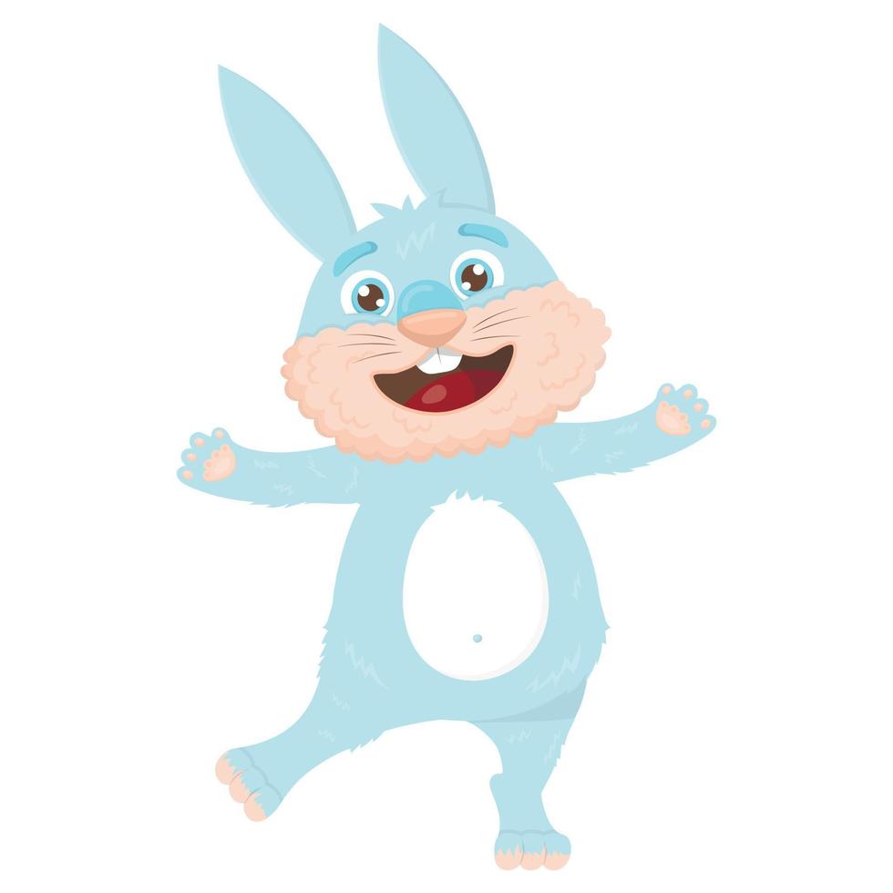 Cute blue hare laughs and jumps for joy vector