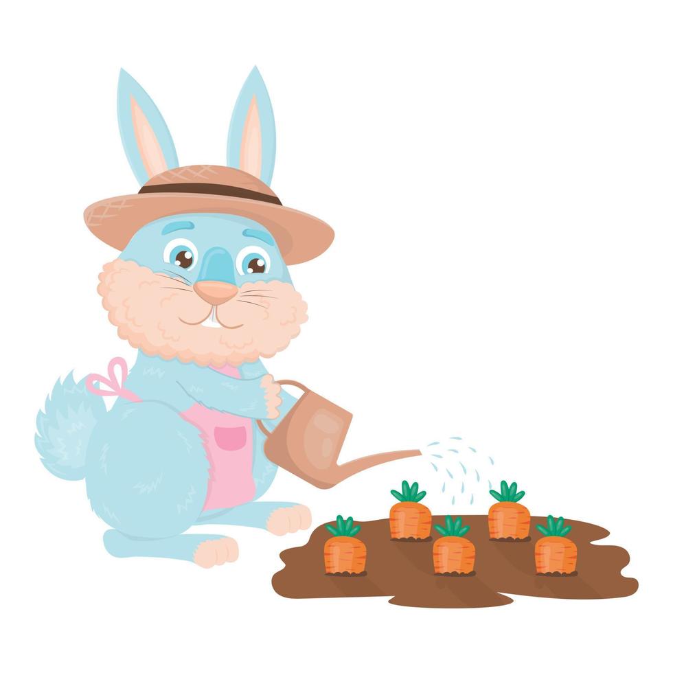 Cute blue hare gardener in a straw hat and apron waters a bed of carrots from a watering can vector