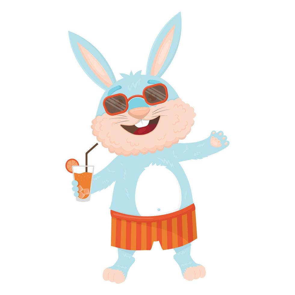 Cute blue hare in swimming trunks and sunglasses and with lemonade in his hands vector
