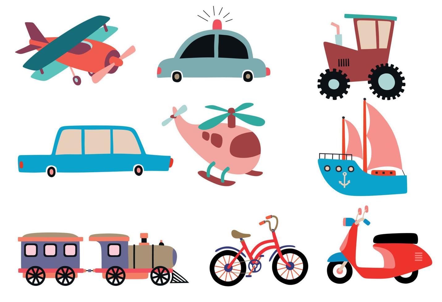 Set of cute cartoon transport. vector