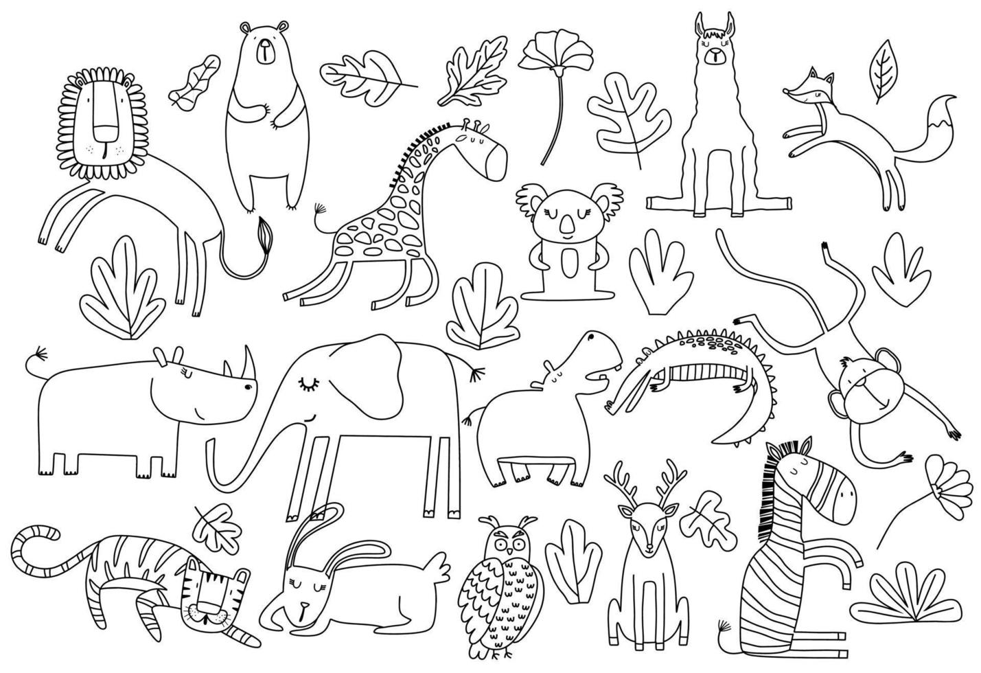 cartoon big set of cute doodle animals. vector