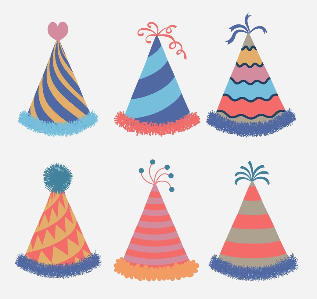 flat cartoon design illustration of colored hat for party celebration birthday set template. vector