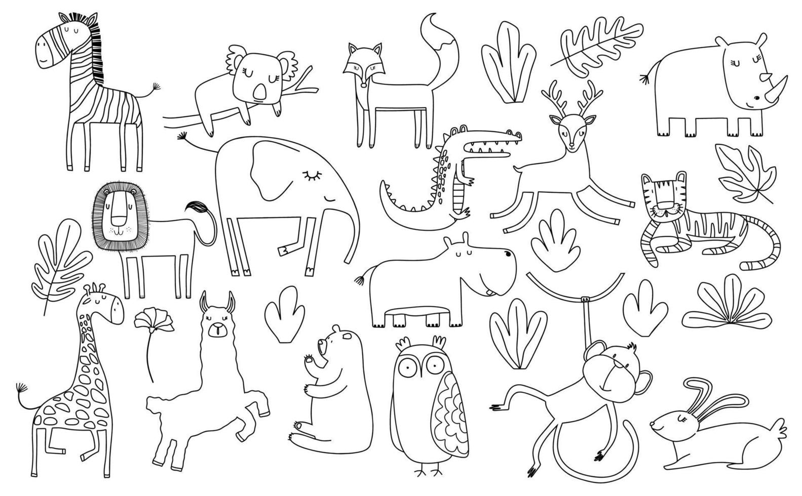 cartoon big set of cute doodle animals. vector