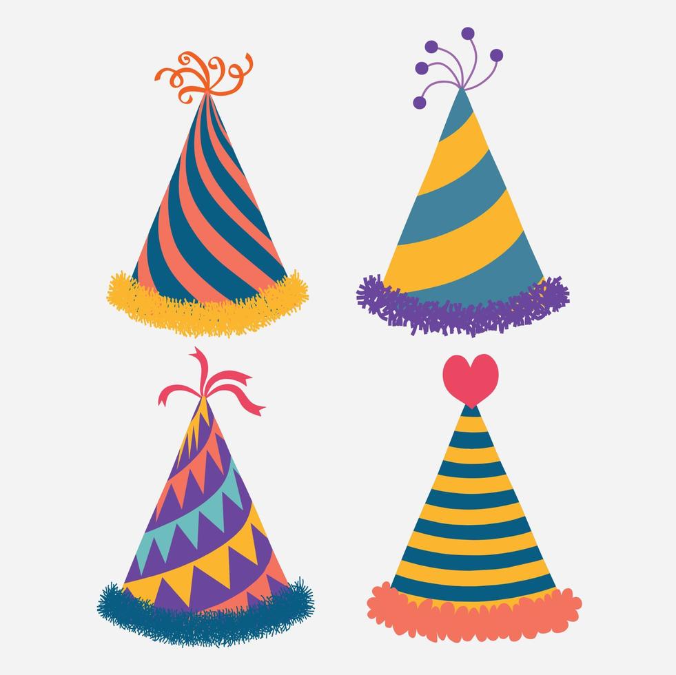 flat cartoon design illustration of colored hat for party celebration birthday set template. vector