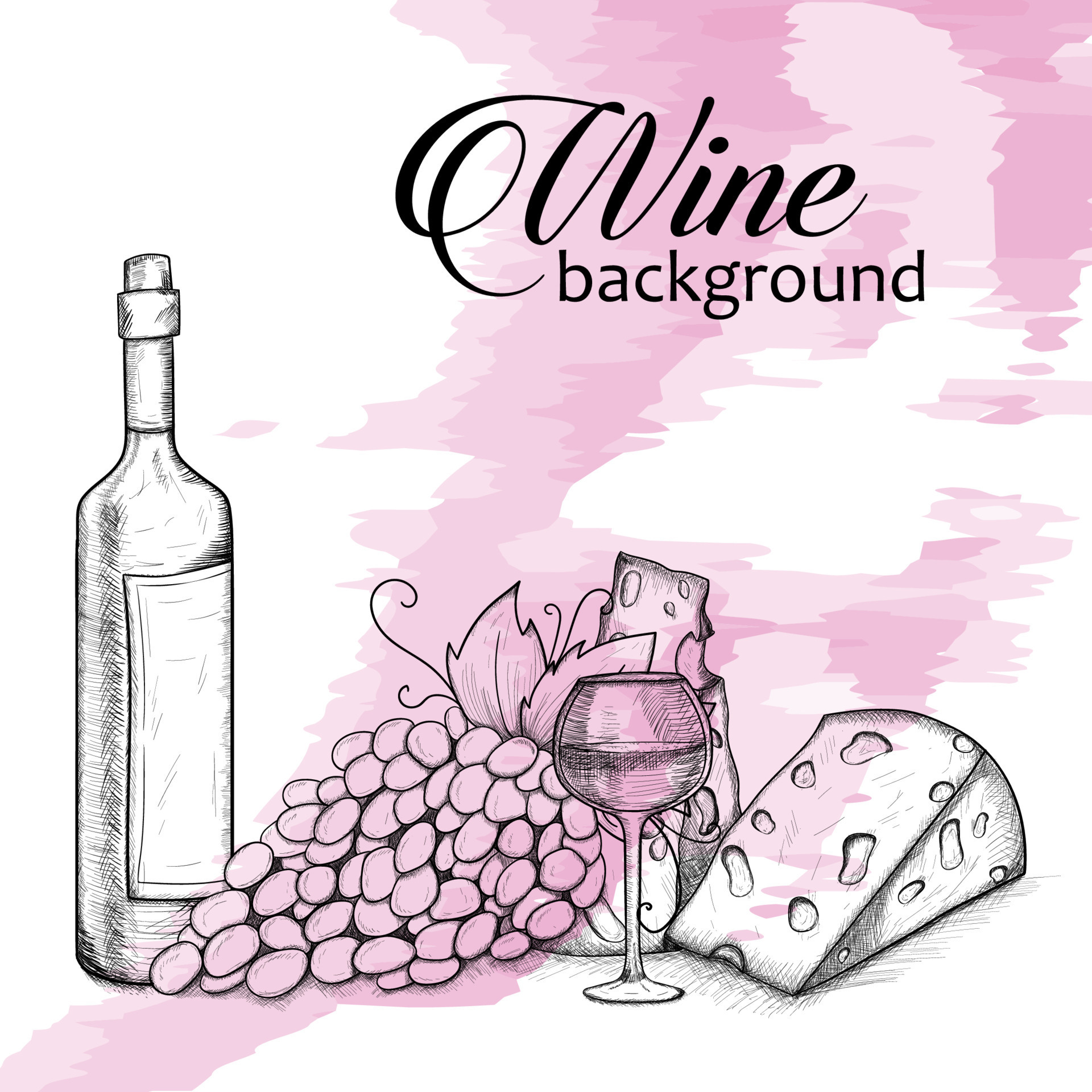 Wine set. Sketch with a bottle of wine, bunch of grapes, cheese, glass