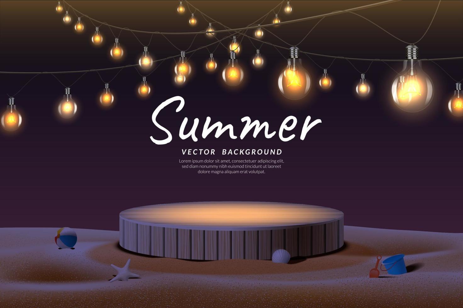 escenario de madera y lámpara brillante colgada en el concepto de playa en el diseño de fiesta nocturna para exhibición de productos. ilustración vectorial vector